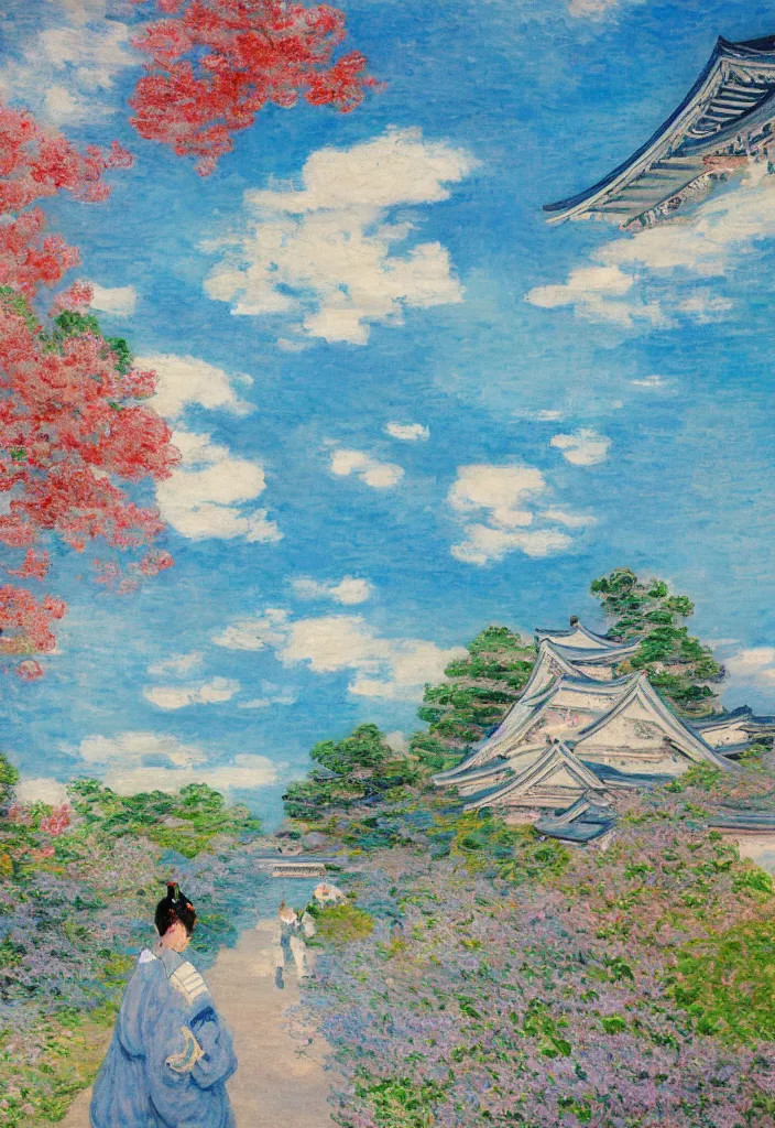 Image similar to tiny samurai in front of a futuristic japanese country side landscape, edo era house in the background, blue sky, magnificient clouds, lofi vibe, vivide colors, amazing light, really beautiful nature, oil painting, impressionist style, by claude monet, by ghibli, abstract kandinsky elements, multiple brush strokes, masterpiece