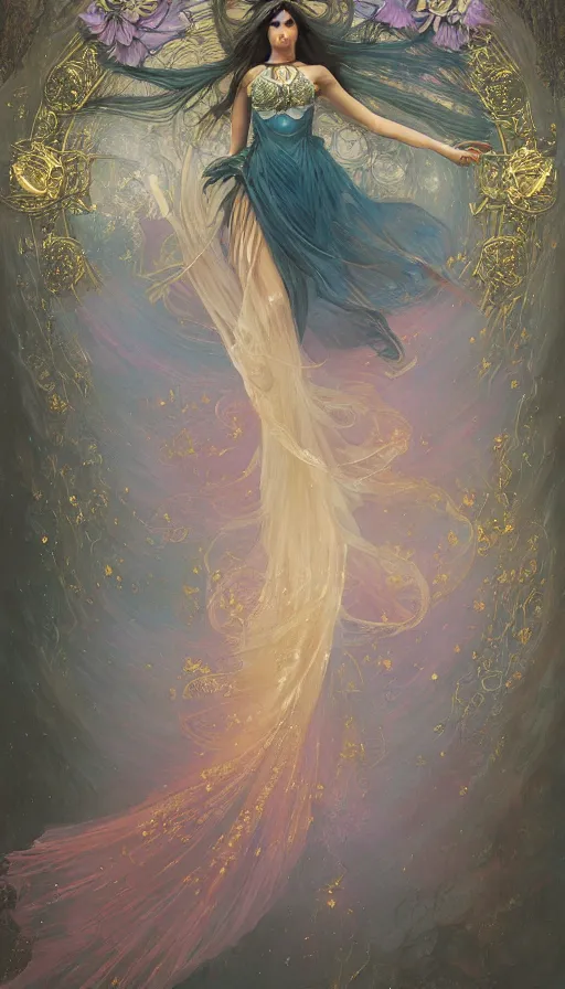 Image similar to dance meditation, madison beer, long beautiful voluminous medieval court dress with train and embroidered flowers, highly detailed, glowing, action pose, cinematic, art deco, gold filigree, ethereal, alfonso mucha, zdzisław beksinski, andrei ryabovichev, shaun tan, chriss foss, peter mohrbacher, 4 k