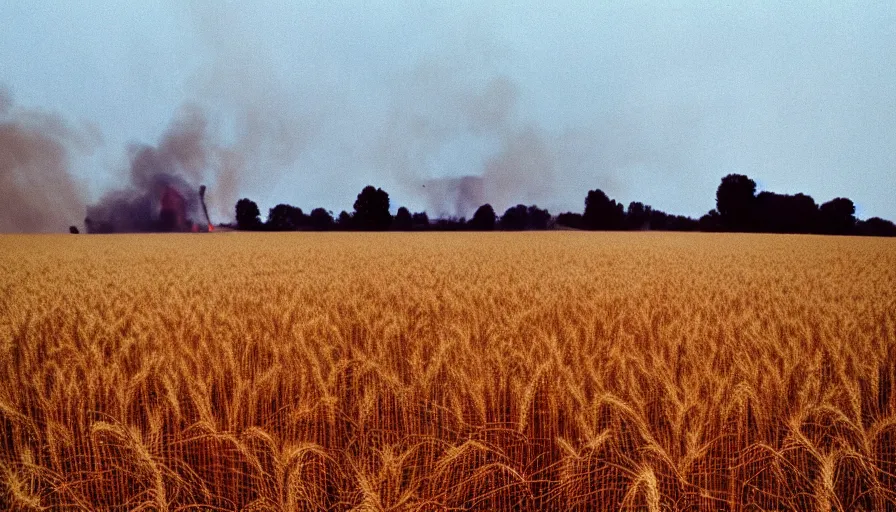 Image similar to 1 9 7 0 s movie still of a burning french house in a wheat field, cinestill 8 0 0 t 3 5 mm, high quality, heavy grain, high detail, texture, dramatic light, ultra wide lens, panoramic anamorphic, hyperrealistic