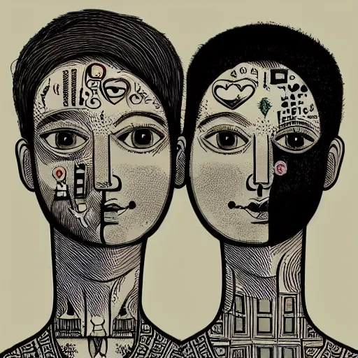 Image similar to perfectly centered symmetrical split male and female portrait of man and woman in love sharing one heart. illustration, highly detailed, simple, no jagged lines, smooth, artstation, artwork by ravi zupa