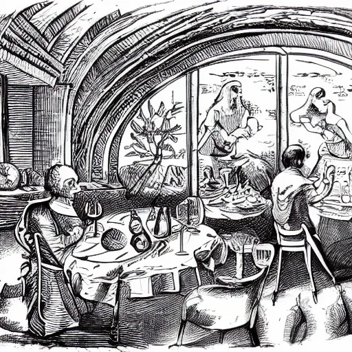 Image similar to french food by an venusian chef served to cyclops by unicorns in the style of Vinci, ultradetailled pen drawing, with antics rennaissant background,