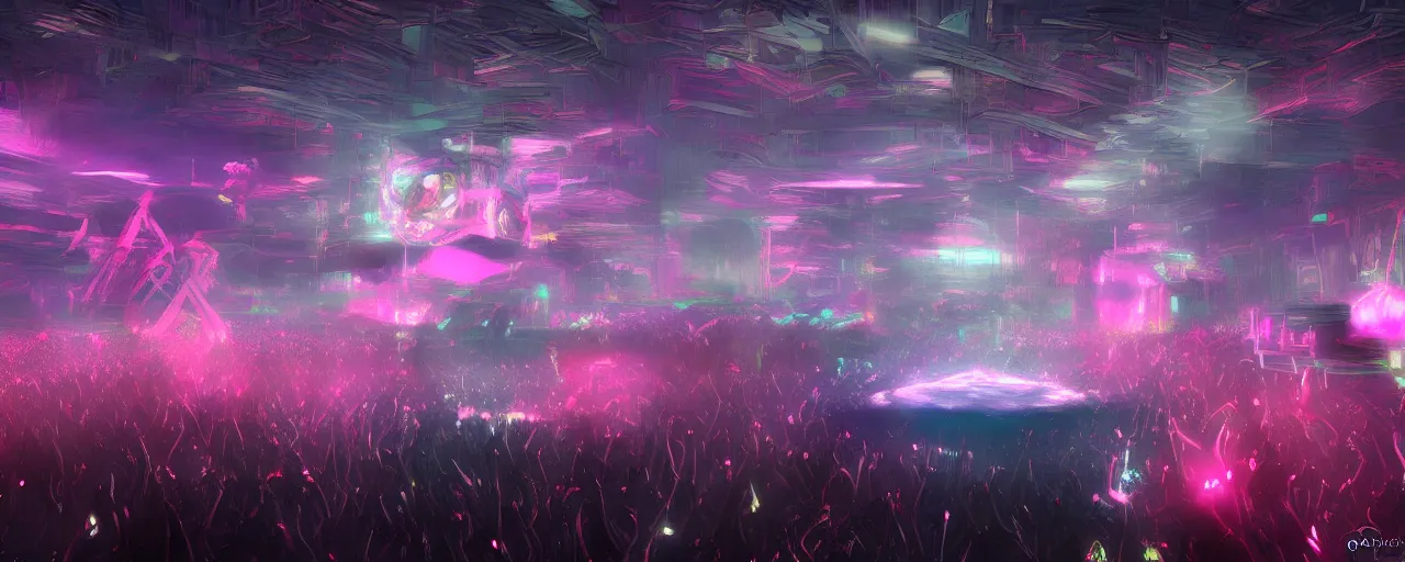 Image similar to Dystopian future, the DJ floats on a platform just above a huge crown of people dancing below to the Techno soundscape, lasers fill the scene with light of red, pink, green and purple, in the style of artgerm and greg rutkowski and alphonse mucha, concept art, ultra realism, photo realism, cgsociety, octane render, artstationHD, artstationHQ, unreal engine, 4k, 8k