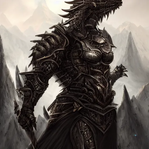 Image similar to dark fantasy concept of dragon kin god, with dark steel and dragon scale armor on a mountain, cinematic, dynamic lighting, photorealistic, ultra detailed, trending on art station, stunning visuals, creative, hyper detailed