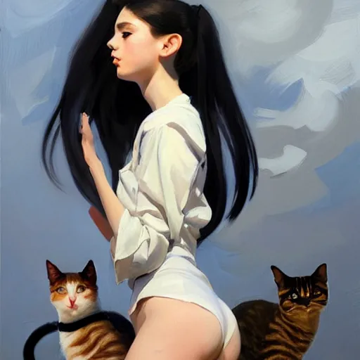 Image similar to greg manchess portrait painting of white pale skinny young girl 1 8 with long black hime haircut as overwatch character, and two cats beside, medium shot, asymmetrical, profile picture, organic painting, sunny day, matte painting, bold shapes, hard edges, street art, trending on artstation, by huang guangjian and gil elvgren and sachin teng