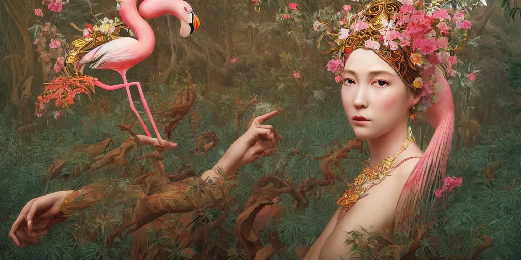 Image similar to breathtaking detailed concept art painting of the goddess of flamingo, orthodox saint, with anxious, piercing eyes, ornate background, amalgamation of leaves and flowers, by Hsiao-Ron Cheng and John James Audubon, extremely moody lighting, 8K