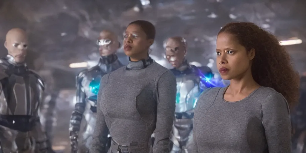 Image similar to wide angle movie stills of gugu mbatha - raw as sue storm in fantastic four movie using her iridescent particles force field powers while battling doctor doom, and an army of shapeshifter lizard like humanoids called the skrulls