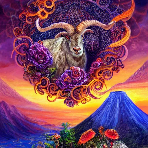 Image similar to painting by senior concept artist josephine wall, horned ram goddess checking her cell phone, erupting volcano and sunset in distance in background, flowers in foreground, trending on artstation, zodiac, fantasy, acrylic on canvas, intricately detailed, highly detailed, high resolution, 8 k,