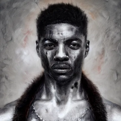 Image similar to portrait painting of a beautiful black man with cut scars and cropped hair wearing a tattered fur coat, ultra realistic, concept art, intricate details, eerie, highly detailed, photorealistic, octane render, 8 k, unreal engine. art by artgerm and greg rutkowski and charlie bowater and magali villeneuve and alphonse mucha