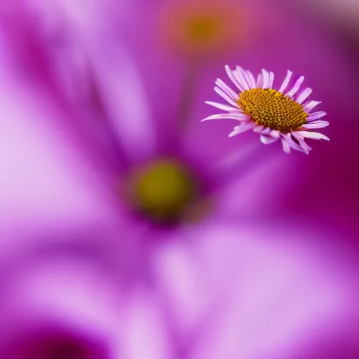 Image similar to closeup photo of single purple camomile's petal flying above a soviet city, aerial view, shallow depth of field, cinematic, 8 0 mm, f 1. 8