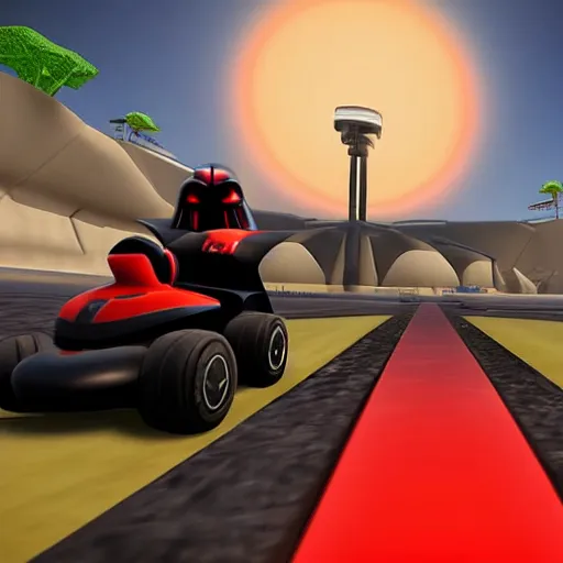 Image similar to still image of darth vader driving in mario kart tour deluxe race, unreal engine 5, 3 d, octane