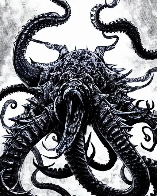 Image similar to A huge blue kraken in a vast sea, terrifying, black and white, fantasy art, monster art, in the style of masami kurumada, illustration, epic, fantasy, intricate, hyper detailed, artstation, concept art, smooth, sharp focus, ray tracing