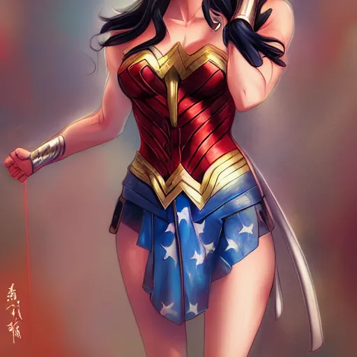 Image similar to A realistic anime wonder woman with wearing a kimono, digital painting, by WLOP and Rossdraws, digtial painting, trending on ArtStation, deviantart