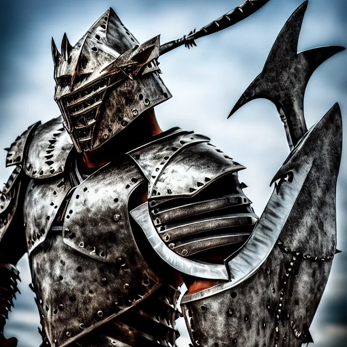 Image similar to photo of a warrior with metal shark themed armour, highly detailed, 4 k, hdr, smooth, sharp focus, high resolution, award - winning photo