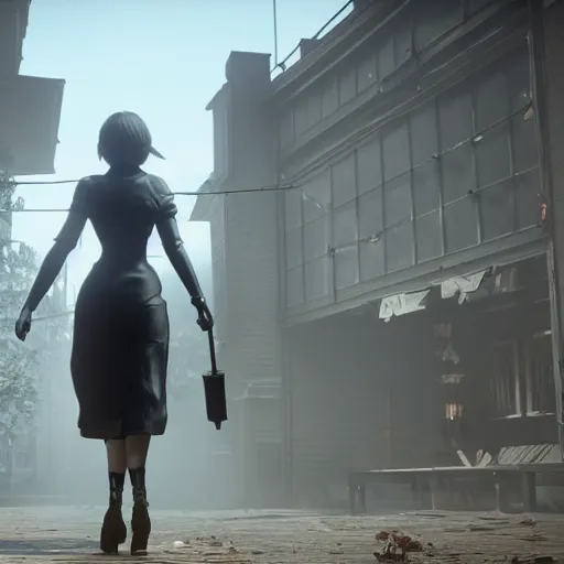 Image similar to Film still of 2B nier automata in a town from Red Dead Redemption 2 (2018 video game), concept art