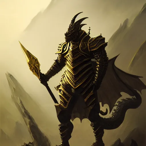 Image similar to anthropomorphic dragon warrior stands tall wearing black and gold plate armor, oil painting, Tooth Wu, Greg Rutkowski, RPG, dynamic lighting, fantasy art, High contrast, depth of field, landscape, scenery