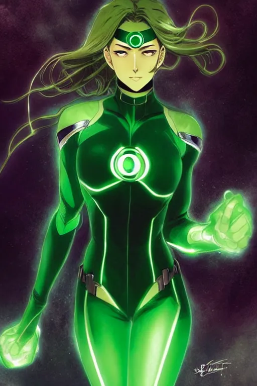 Image similar to anime key visual of a beautiful young female green lantern!! intricate, green and black suit, glowing, powers, dc comics, cinematic, stunning, highly detailed, digital painting, artstation, smooth, hard focus, illustration, art by artgerm and greg rutkowski and alphonse mucha