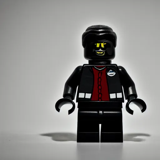 Image similar to macro photo of lego figure of angry men in black Adidas tracksuit