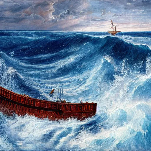 Prompt: stark oil painting, sailing ship at the edge of the world, man vs. nature, deep blue water, whitecap waves, point of no return, desperation, vivid, highly detailed, master renaissance painter, 4k scan