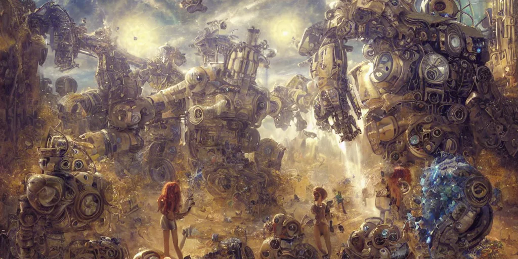 Image similar to many derpy shiny mechanical android robots, Lilia Alvarado, Sophie Anderson, Mark Arian, Bob Byerley, Charlie Bowater, Mark Brooks, Steve Henderson, Justin Gerard, Arthur Hughes, Edward Robert Hughes, Mark Keathley, Victor Nizovtsev, Carlos Shwabe, Ross Tran, WLOP