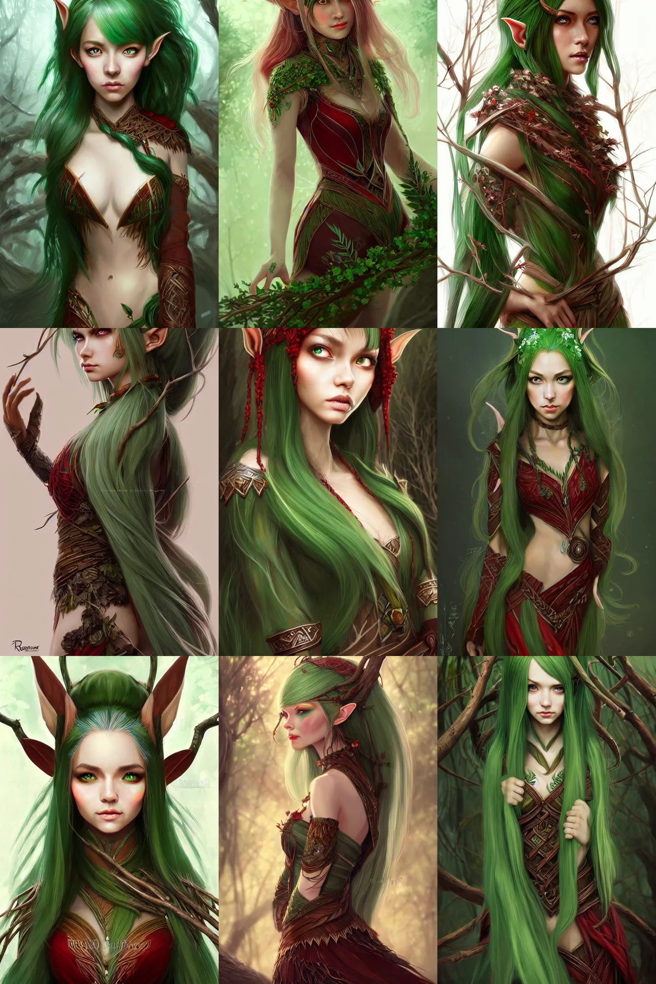 Prompt: beautiful wood elf, female, green hair, brown skin, red eyes, ornamental dress made of branches, high fantasy, extremely detailed, smooth, sharp focus, digital illustration, by rossdraws, wlop, artgerm, masterpiece