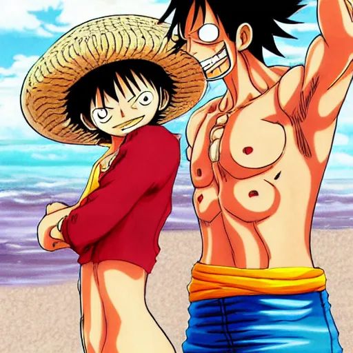 Image similar to luffy from one piece, anime art, pixiv, luffy is on the beach with nami