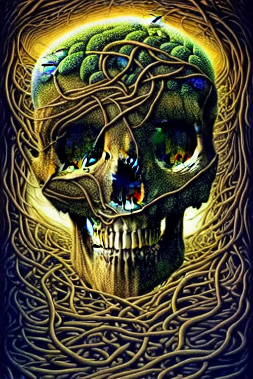 Image similar to Floating skull shaped island made of vines and earthart by visionary artist peter gric in hyperdetailed surreal fantastic style. Floating skull by hannah yata in visionary-psychedelic style earthart skull generative artwork by midjourney. Spiritual shamanic artifact skull decorated with gems and gold by billelis polished ominous photorealistic mysterious intricate hyperdetailed galactic expansive ethereal elemental detailed complex Earthart skull collage generated in discodiffusion or dall-e2 trending on Artstation hyperdetailed 8k resolution concept art 64 megapixels 8K resolution depth of field DSLR subtractive lighting tilt-shift wide-angle lens Skull made of smaller skulls made of smaller skulls surrealist fractal art gigapixel resolution 8K 3D | CGSociety | volumetric light | lightrays | smoke | cinematic | atmospheric | octane render | insanely detailed and intricate | hypermaximalist | elegant | ornate | luxury | elite | Floating skull hyperdetailed insanely complex artwork by psikodelicious art & design | gigapixel render | visions of chaos | midjourney | discodiffusion | complex hyperdetailed fantastic realism artwork made with dall-e2