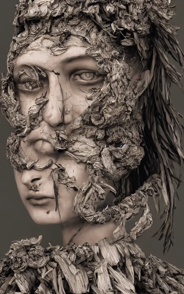 Prompt: A sculpture made of smoke and wood, portrait, female, future warrior, Harpers Bazaar, Vogue magazine, insanely detailed and intricate, concept art, close up, clear face