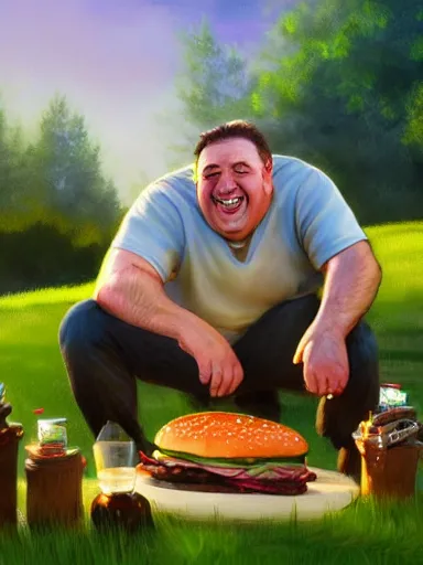 Image similar to a happy middle aged man, fliping burgers in the grill on the lawn. intricate, elegant, highly detailed, digital painting, artstation, concept art, sharp focus, illustration, by justin gerard and artgerm, 8 k