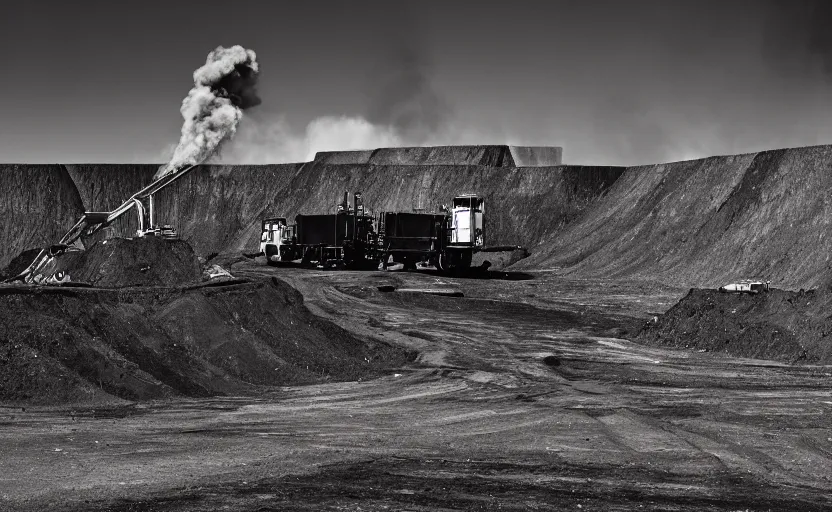 Image similar to gleaming black construction equipments designed by alexander mcqueen, a black and white strip mine is in the background, black smoke in the air, landscape, land art, beautiful award winning fashion photography