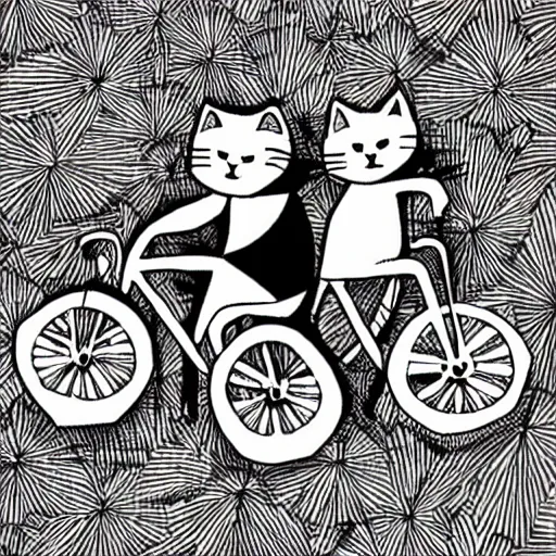 Image similar to cats riding bicycles, black and white, cartoon style, highly detailed, grainy