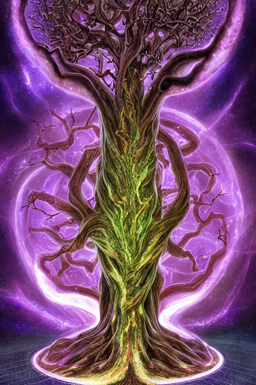 Prompt: galactic yggdrasil as enormous electrical sentient deity of the stars resides inside void manifold, tree branches as quantum foam, fractal of scary dirac equations, portrait by ross tran, timeline nexus, ascending universes, a dnd illustration of esoteric concept by cgsociety and james gurney, artstation, hdr, rtx, iridescent