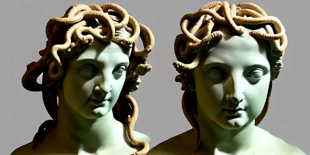 Image similar to greek sculpture, bust, young woman as medusa, with a wig made from snakes