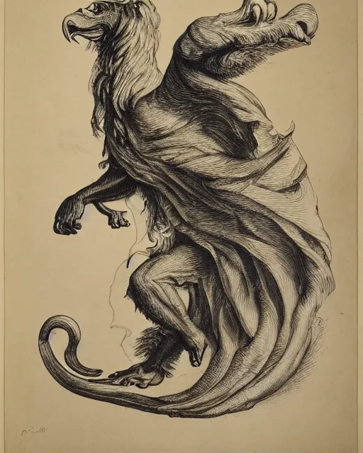 Image similar to a creature with the body and eyes of a man, with the beak of an eagle, the mane of a lion, and the horns of an ox. drawn by francis bacon