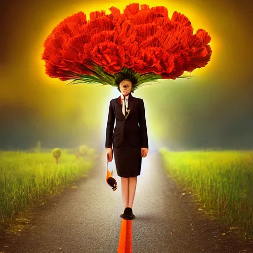 Image similar to giant carnation flower head, girl in a suit, on a path, surreal photography, sunrise, dramatic light, impressionist painting, digital painting, artstation, simon stalenhag