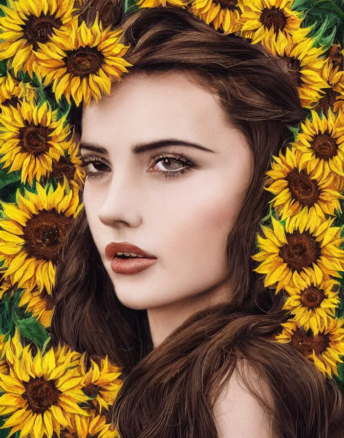 Image similar to Queen of the Sunflowers , a beautiful Ukrainian woman who looks like a mix of Audrey Hepburn and Selena Gomez, perfect skin, perfect face, gorgeous, symmetrical face, symmetrical body, artgerm, flowing hair, realistic, photorealistic, editorial photograph, portrait, detailed, intricate, focused, muted colors, artstation, border and embellishments inspiried by alphonse mucha, fractals in the background, galaxy