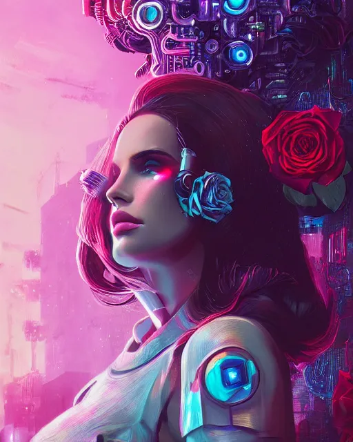 Image similar to portrait of lana del rey as a cyberpunk cyborg. roses sci - fi intricate abstract upper body intricate artwork, roses, rose petals, by tooth wu, wlop, beeple, dan mumford. concept art, octane render, deviantart, greg rutkowski, cinematic arthouse, key art, hyper realism, iridescent accents
