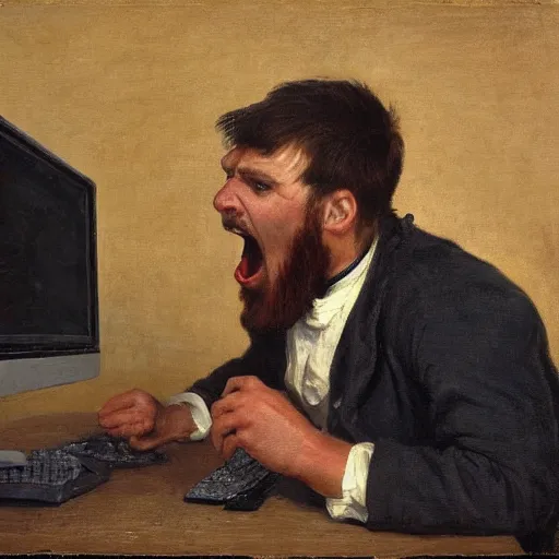 Image similar to an angry man yells at his computer monitor, oil on canvas, 1 8 8 3, highly detailed