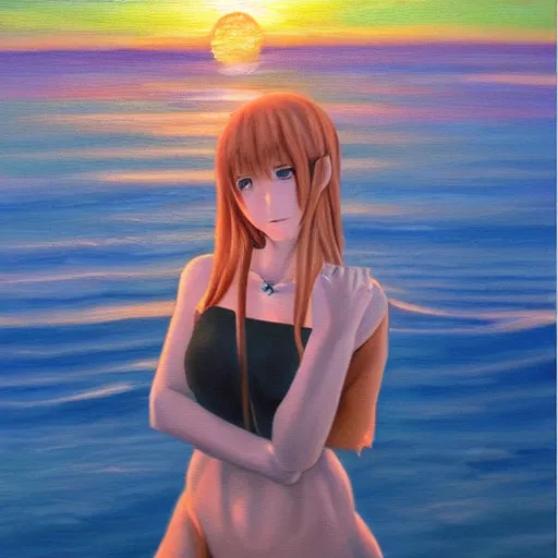 Prompt: An oil painting of an anime girl at sunset