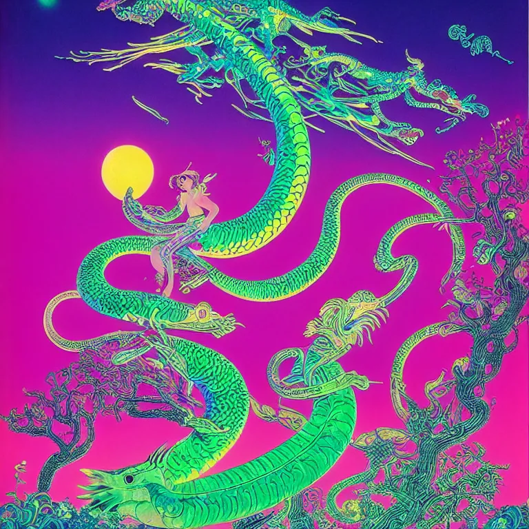 Image similar to pink crescent moon, magical crystal towers, hallucinogenic smoke serpent, bright neon colors, highly detailed, cinematic, hiroo isono, eyvind earle, philippe druillet, roger dean, lisa frank, aubrey beardsley, ernst haeckel