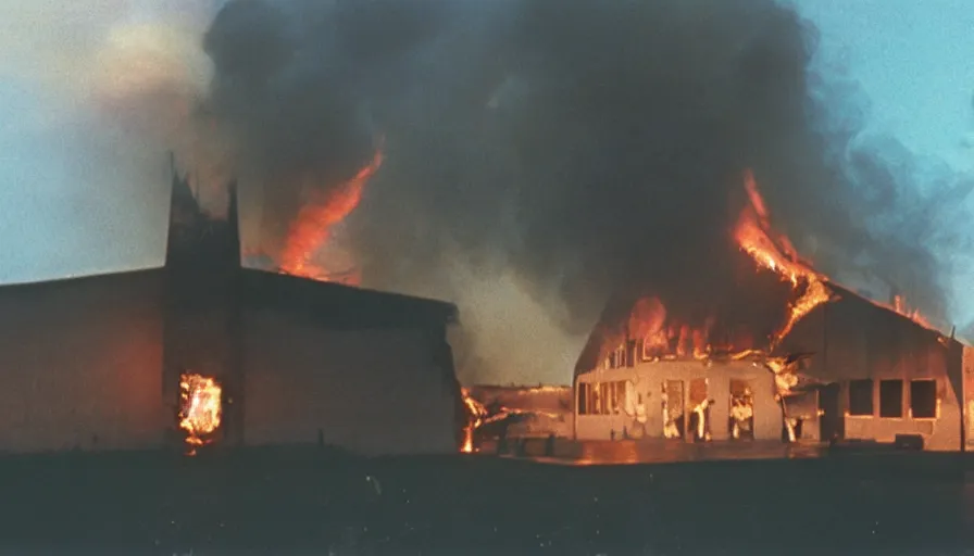 Image similar to 7 0 s movie still of a burning church, cinestill 8 0 0 t 3 5 mm eastmancolor, heavy grain, high quality, high detail
