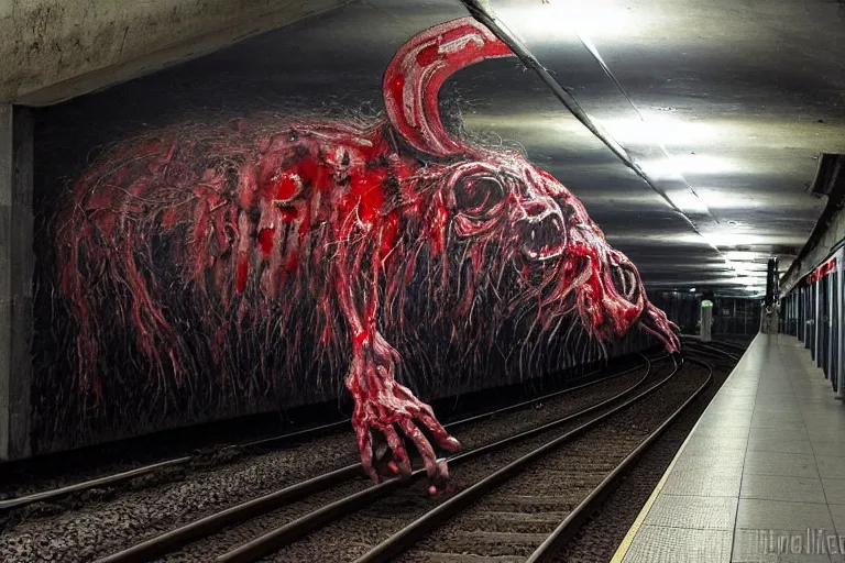 Image similar to very large giant mutant zombie irradiated angry rat sraying on railways in tonnel of moscow subway. extreme high detail, very realistic. low dark light, scary mood. hermann nitsch