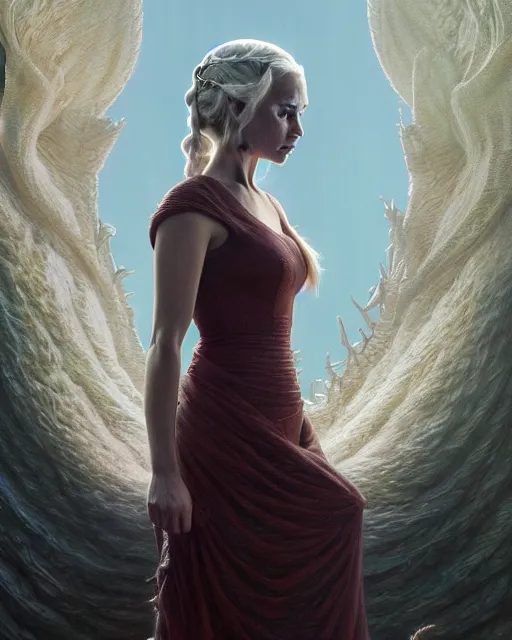 Image similar to highly detailed surreal vfx portrait of daenerys targaryen, stephen bliss, unreal engine, greg rutkowski, loish, rhads, beeple, makoto shinkai and lois van baarle, ilya kuvshinov, rossdraws, tom bagshaw, alphonse mucha, global illumination, detailed and intricate environment