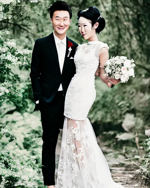 Image similar to justin sun wearing beautiful wedding dress, kawaii, professional wedding photography
