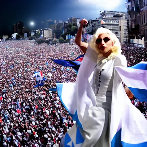 Image similar to Lady Gaga as Evita, Argentina presidential rally, Argentine flags behind, bokeh, epic photo, detailed face, Argentina