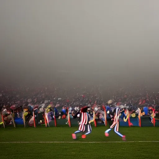 Image similar to clowns coming out of a small car in the middle of a soccer stadium while the game was happening, wide shot, phone quality, picture taken from the stadium bleachers, little fog, the soccer players are shocked