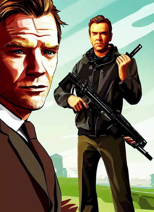 Prompt: Ewan McGregor in the style of GTA artwork