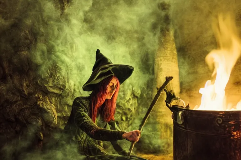 Image similar to close shot of a witch in her lair brewing a magical potion, depressing, gloomy, tired, detailed, witch hat, dungeon, green smoke, fire, smoke, realism, realistic, hyper detailed, green lighting, ambient lighting, green smoke, fog, smoke, cinematic lighting, haze, bokeh, 3D render, Blender, octane render, render, artstation, detailed face, symmetric face,