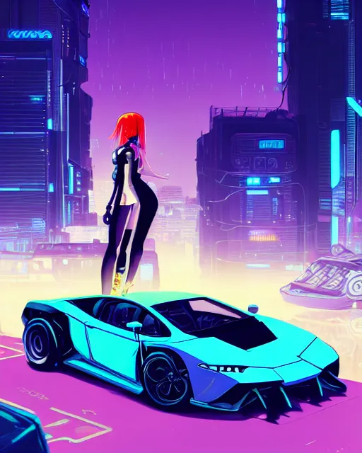 Image similar to digital illustration of cyberpunk pretty girl with blue hair, standing in front of a purple lamborghini, in junkyard at night, by makoto shinkai, ilya kuvshinov, lois van baarle, rossdraws, basquiat