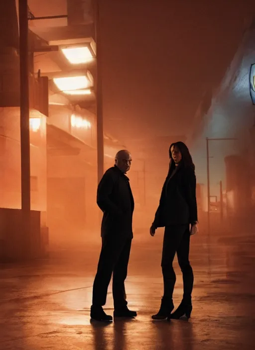 Image similar to a pov shot, color cinema film still of walter white & kate middleton in blade runner 2 0 4 9, cinematic lighting at night.