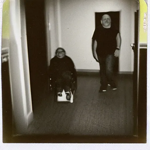 Image similar to A creepy polaroid photo of Danny Devito chasing you down a hallway